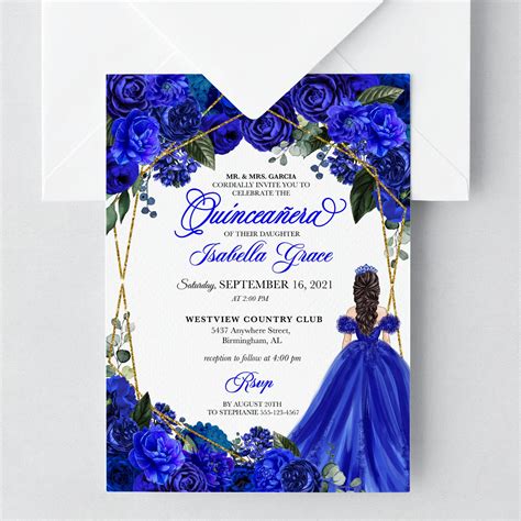 Editable Invitation Elegant Royal Blue Floral Quinceanera Etsy