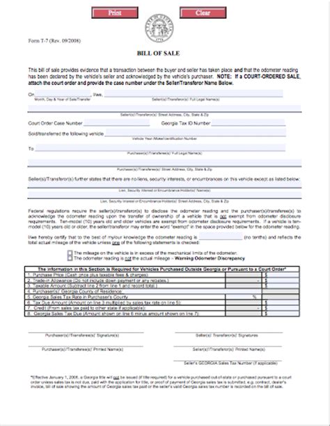 Georgia Bill Of Sale Form For Vehicles