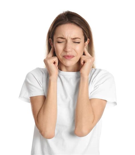 emotional woman covering her ears with fingers on white background stock image image of adult