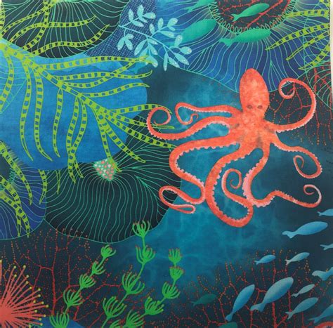 Octopus Under The Sea Fabric Panel Ocean Fish Octopus Fabric Etsy