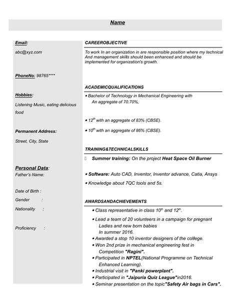 Resume Templates For Mechanical Engineer Freshers Download Free