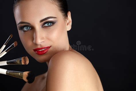 Beautiful Woman With Makeup Brushes Makeup Stock Photo Image Of