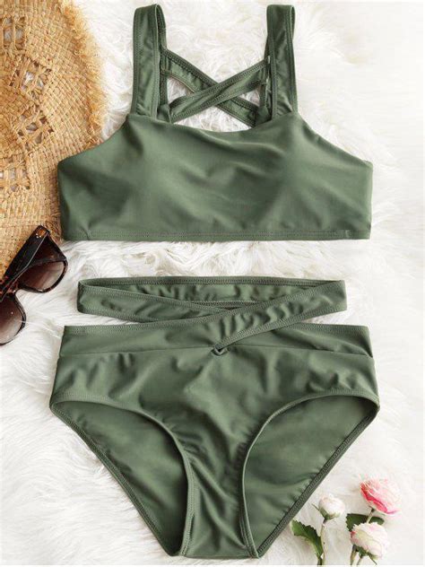 20 Off 2021 Padded Lattice Back Bandage Bikini Set In Army Green Zaful