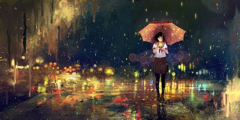 Anime Girl Cute Beautiful Rain School Uniform Flower Long