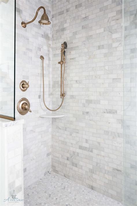 Shower Tile Combination Marble Subway Tile On Walls And Marble Penny