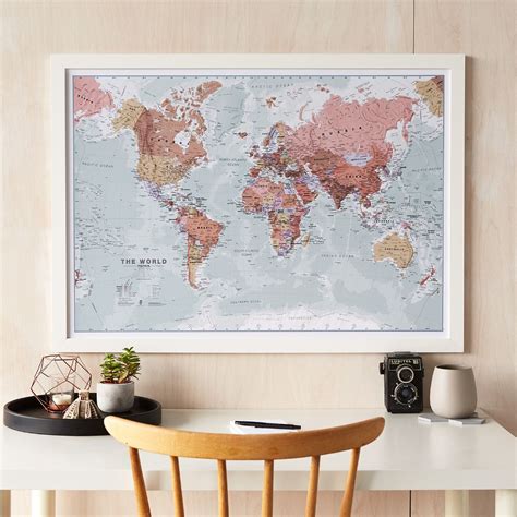 Medium Executive World Wall Map Political Wood Frame White