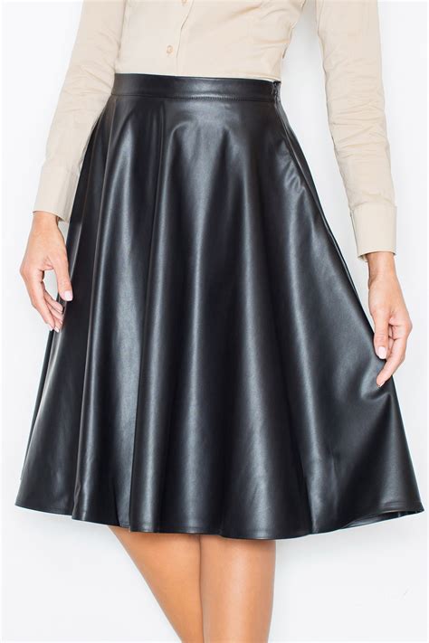 Black Leather Flared Knee Length Skirt