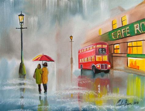 Red Bus Umbrella By Gordon Bruce Rainy Day Painting Painting