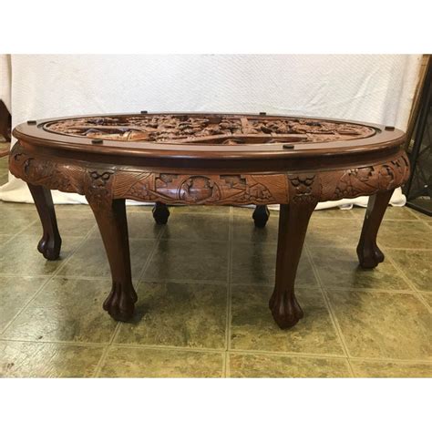 Asian Hand Carved Solid Mahogany Tea Table With 6 Stools Chairish