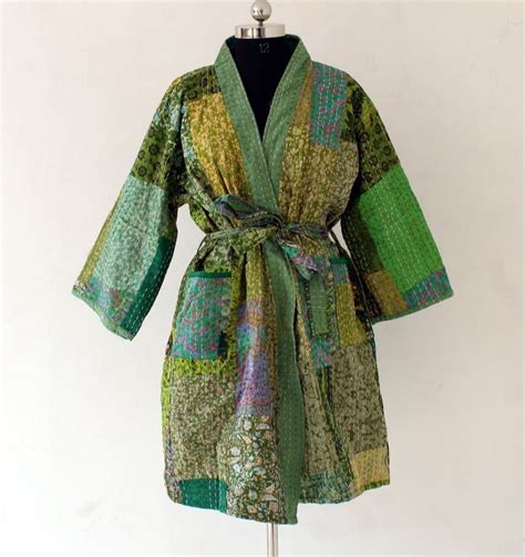 Multicolor Patchwork Silk Kantha Kimono Robe Size Free At Rs
