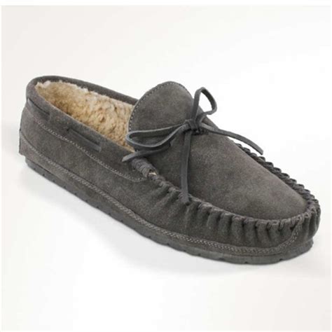 Mens Minnetonka Slippers Casey Charcoal Gray 4150 Fur Moccasins