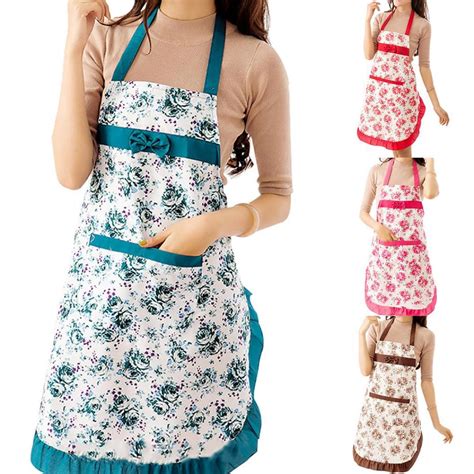 Buy Women Floral Bowknot Waterproof Kitchen Restaurant Cooking Pocket Dress Apron At Affordable