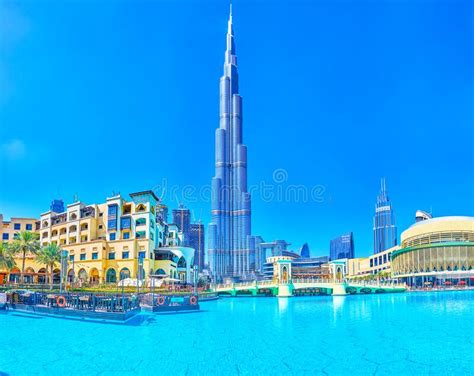 Panorama Of Burj Lake And Burj Khalifa Dubai Uae Editorial Stock