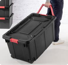 The clear base makes it easy to see and identify content for quick recovery. Sterilite - 1469: 40 Gallon Wheeled Industrial Tote
