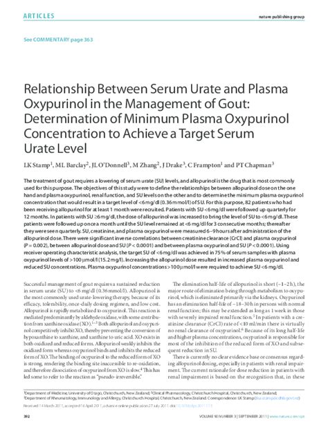 Pdf Relationship Between Serum Urate And Plasma Oxypurinol In The