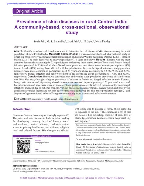 Pdf Prevalence Of Skin Diseases In Rural Central India A Community