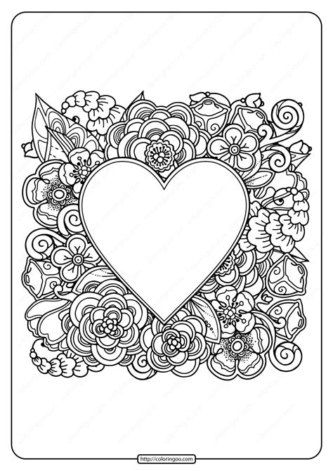 Hand drawn artistic ethnic ornamental patterned big heart in doo. Free Printable Heart with Flowers Pdf Coloring Page