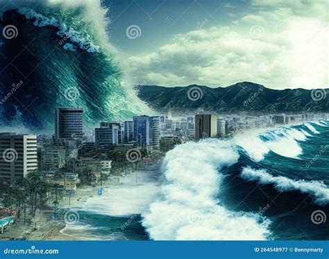Tsunami With 100 Feet Waves On City Stock Illustration Illustration