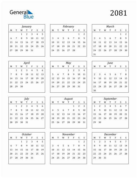 2081 Blank Yearly Calendar Printable