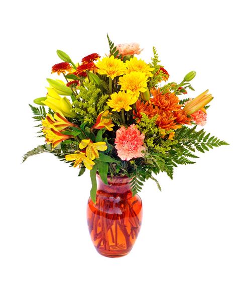 Fresh Fall Color Flower Arrangement In Orange Vase Stock Photo Image