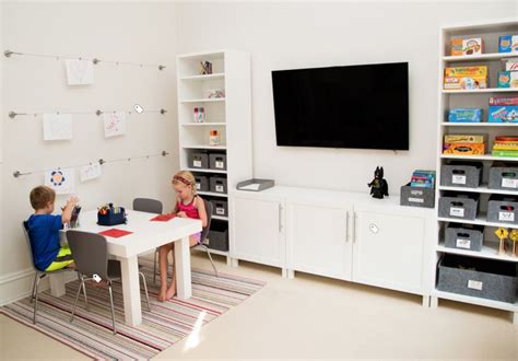 Playroom Design With Statement Carpet And Toy Storage Kids Tv Room