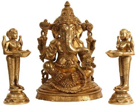 Lord Ganesha With Deeplakshmi Pair Set Of Three Statues