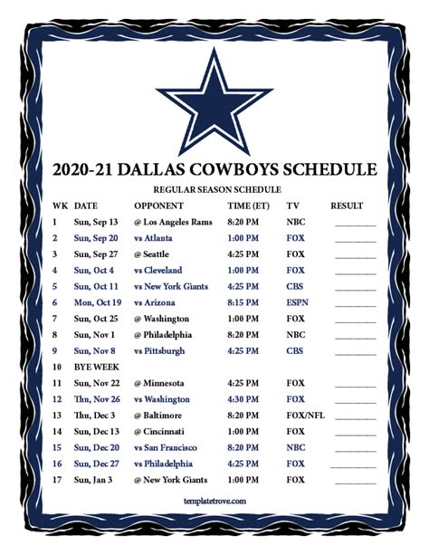 On nbc and peacock, the nfl announced wednesday morning. Printable 2020-2021 Dallas Cowboys Schedule