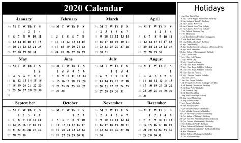 2020 International School Holidays Malaysia Calendar Template Printable