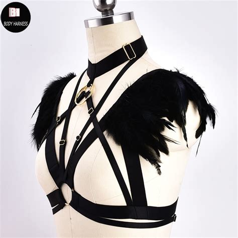 women sexy feather epaulettes shoulders wing crop tops body harness lingerie burningman festival