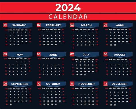 2024 Jahreskalender Design Mit Schwarz Rotem Farbton Premium Vektor