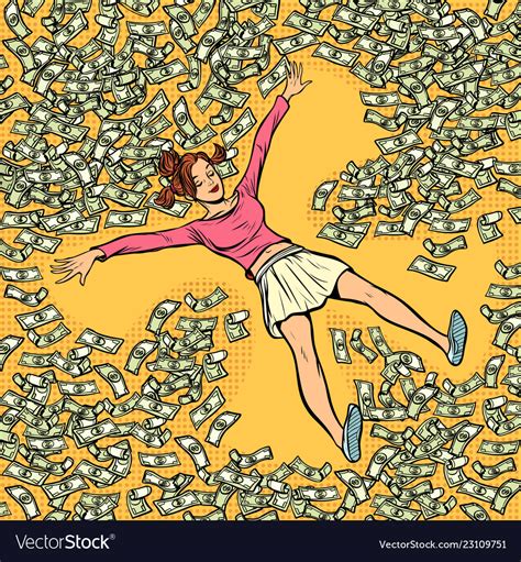 Young Girl Makes Snow Angel Money Dollars A Lot Vector Image