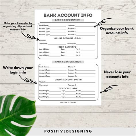 Bank Account Information Tracker Printable Bank Account Log Bank
