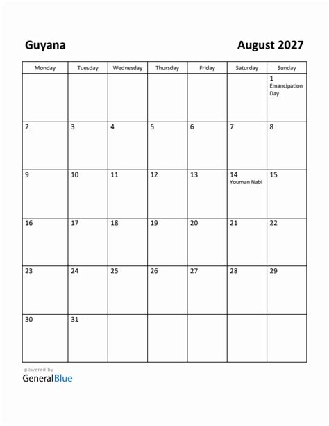 Free Printable August 2027 Calendar For Guyana