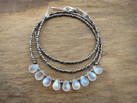 Iridescent Glass Drop Necklace White And Silver Gray Frosted Etsy
