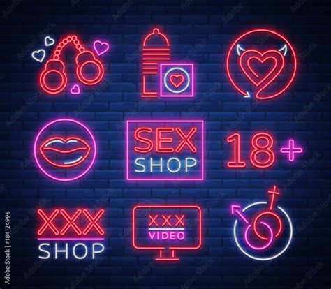 Sex Shop Set Of Logos Signs Symbols In Neon Style Collection Of Emblems Shop For Adults