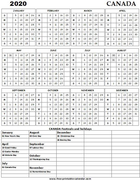 Calendar Of 2020 Canada Calendar Printables Free Templates