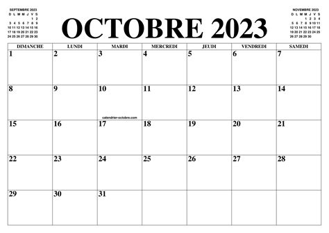 CALENDRIER OCTOBRE 2023 : LE CALENDRIER DU MOIS DE OCTOBRE GRATUIT A