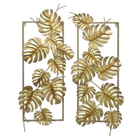 Three Hands Gold Metal Tropical Leaves Wall Decor Set Of 2 10118