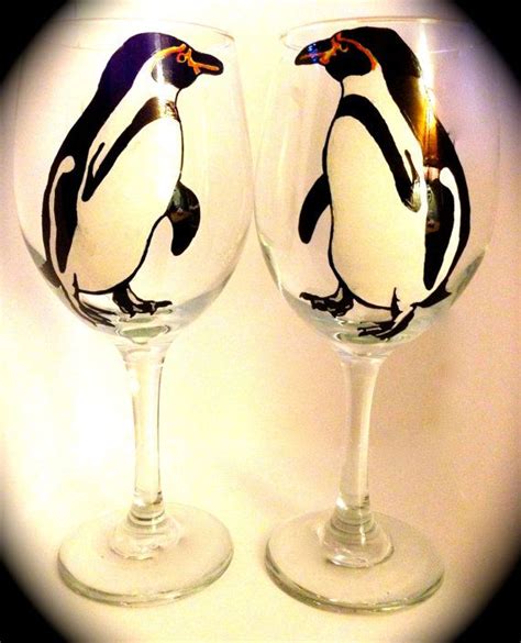 Penguin Wine Glasses Hand Painted Set Of Two By Touchoglass 18 00 Penguin Wine Glass