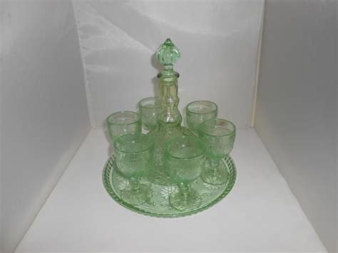 tiara glass tiara green glass cordial set cordial etsy etched glassware green glass tea