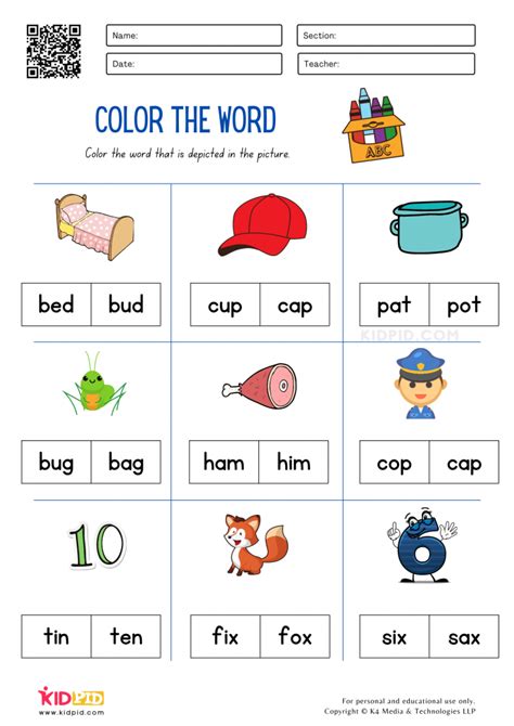 Cvc Color The Word Worksheets For Kids Kidpid