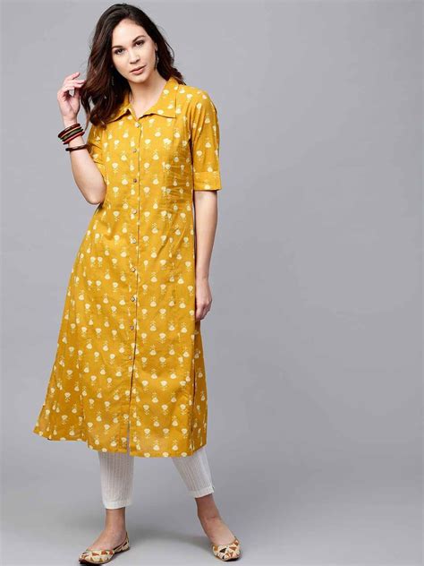 aks women mustard yellow printed a line kurta1 kurta designs women simple kurti designs