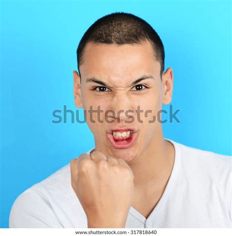 Portrait Angry Man Screaming Showing Fist Stock Photo 317818640