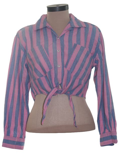 1990 s retro shirt 90s anchor blue womens pink and denim blue vertical stripe print cotton