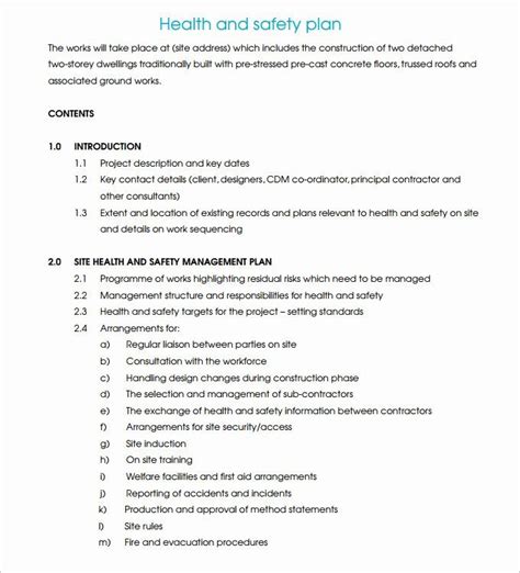 Health And Safety Plan Template Free Free Printable Templates