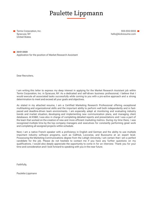 Sample cover letter 1 february 8 2000 dear internship selection committee. Market Research Assistant Cover Letter Sample | Kickresume