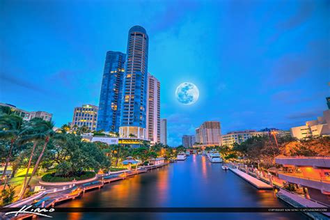 New River Fort Lauderdale Moon Rise Cityscape Skyline Hdr Photography