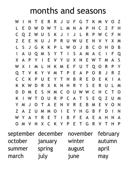 Months And Seasons Word Search Wordmint