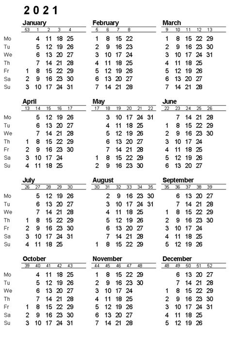 2021 Calendar With Week Number Printable Free Free Printable 2021