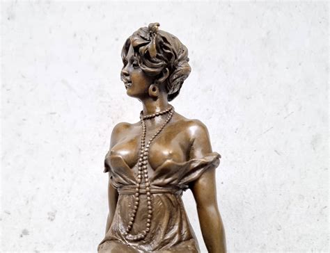 Sensual Bronze Sculpture Of A Half Naked Woman Sitting On A Stool
